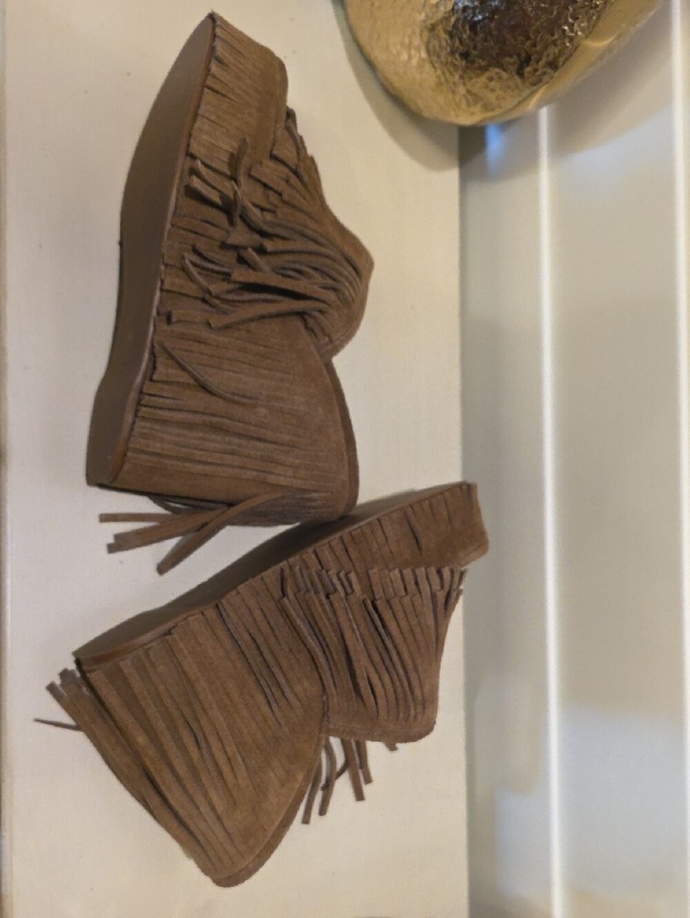 New Brown Suede Fringe Platform Mules - Picture 4 of 6